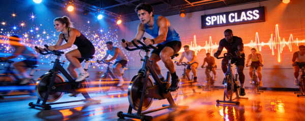 动感单车团体课程 - 学员在激昂音乐中进行高强度有氧训练