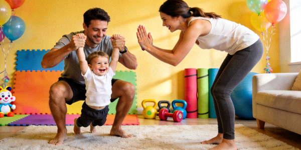 家庭亲子健身互动场景 - 父母与孩子一起参与趣味运动