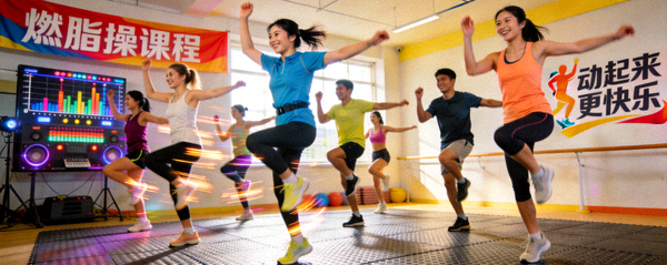 燃脂操课程教学现场 - 学员跟随音乐节奏快乐运动
